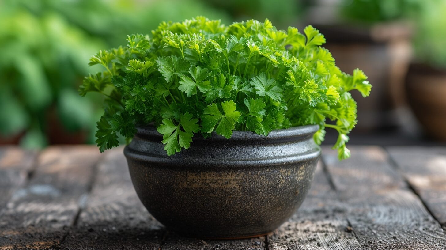 Thriving parsley plant in spacious 12-inch container.