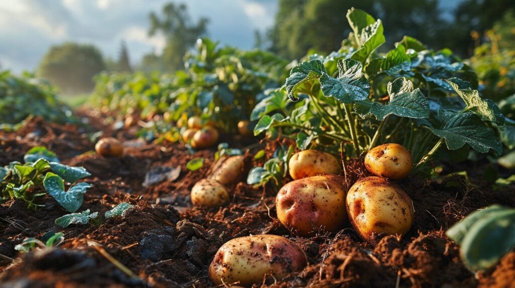 So how many potatoes from one plant can be cultivated? Thriving potato plant with many tubers and healthy roots in fertile soil.