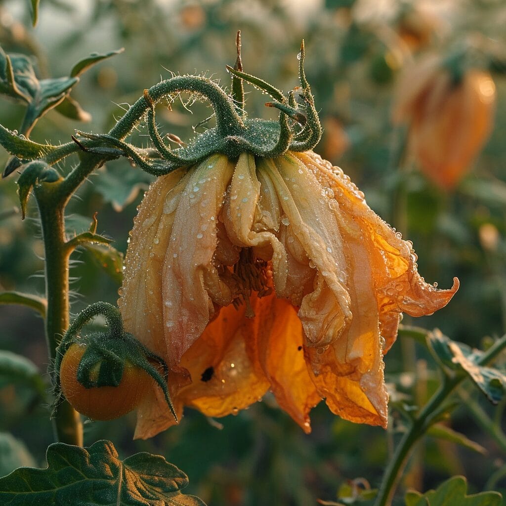 Unpollinated tomato flower with garden tools.