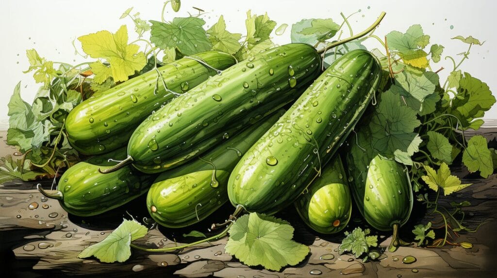 Variety of cucumbers with seedless interiors among garden leaves.