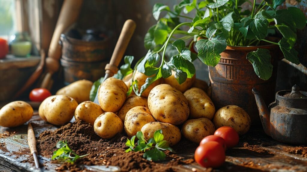 Variety of healthy seed potatoes in soil with gardening tools and potato plants.
