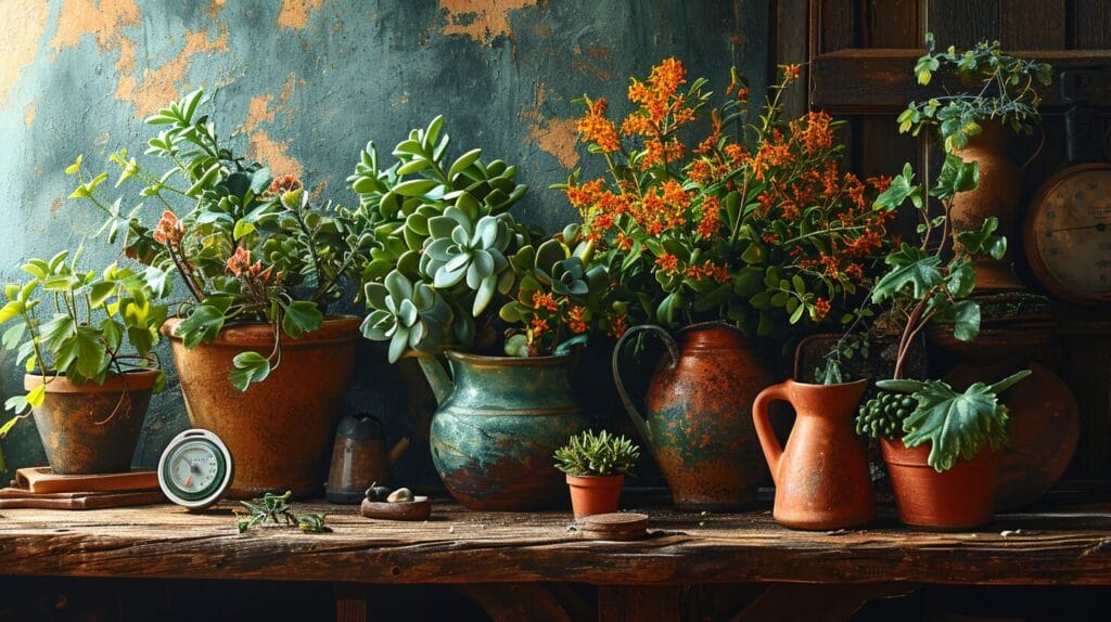 Vibrant Kalanchoe Daigremontiana in terracotta pot on wooden shelf. A prime example of mother of many plants.
