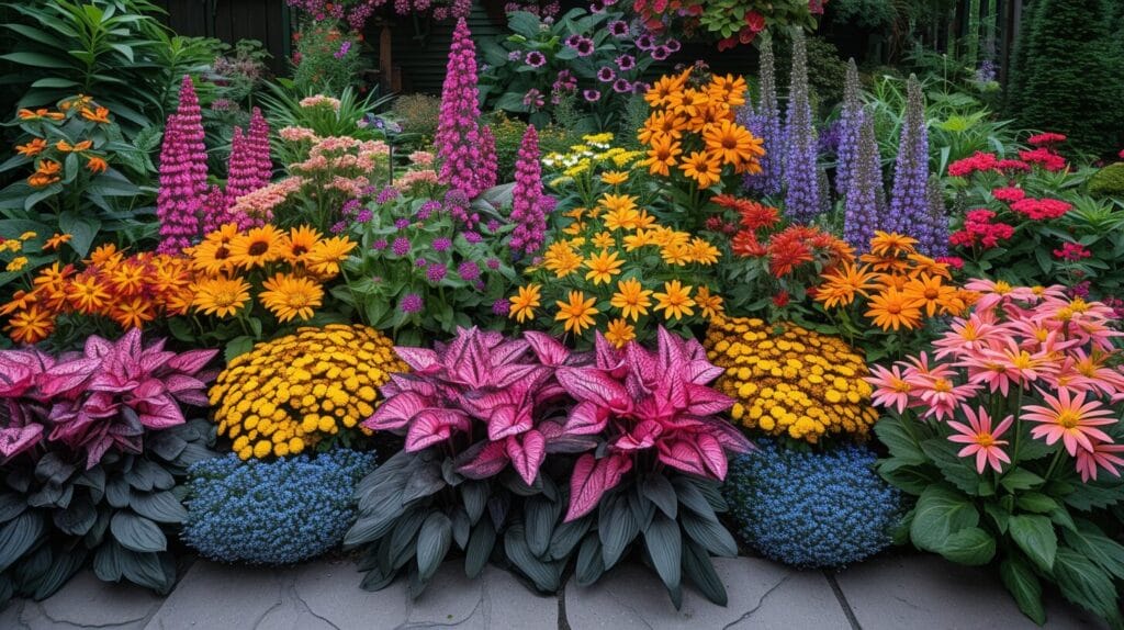 Vibrant Zone 6 shade garden showcasing a blend of perennials and annuals in various colors and textures.