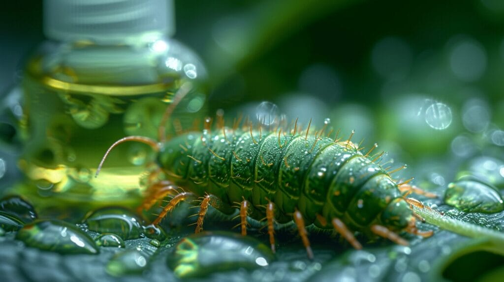Vibrant green neem oil spray bottle with vulnerable centipede silhouette.
