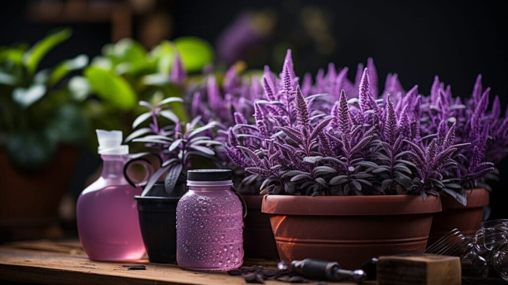 Vibrant purple leaf plant in a pot with gardening tools on a wooden surface.
