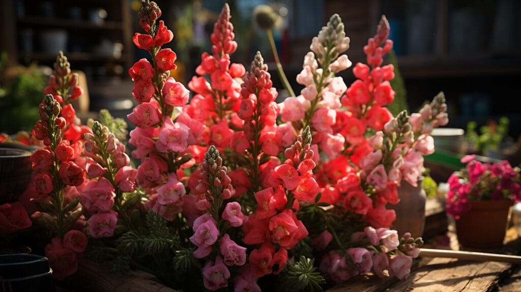 Vibrant snapdragons, various growth stages, gardening tools, pruning hands, healthy garden.
