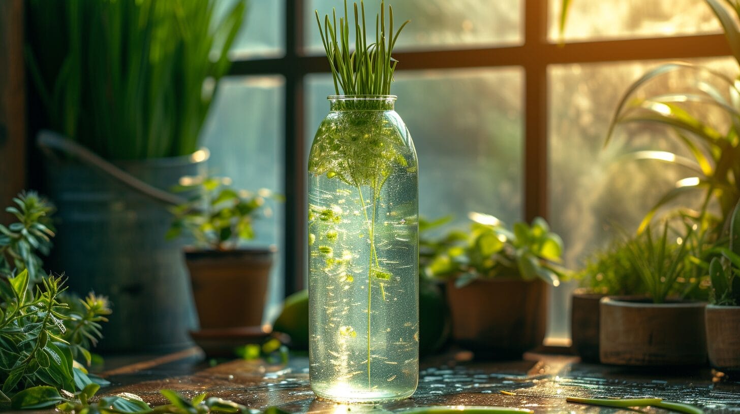 Water bottle with a green onion growing, placed on a sunny windowsill with small plants.