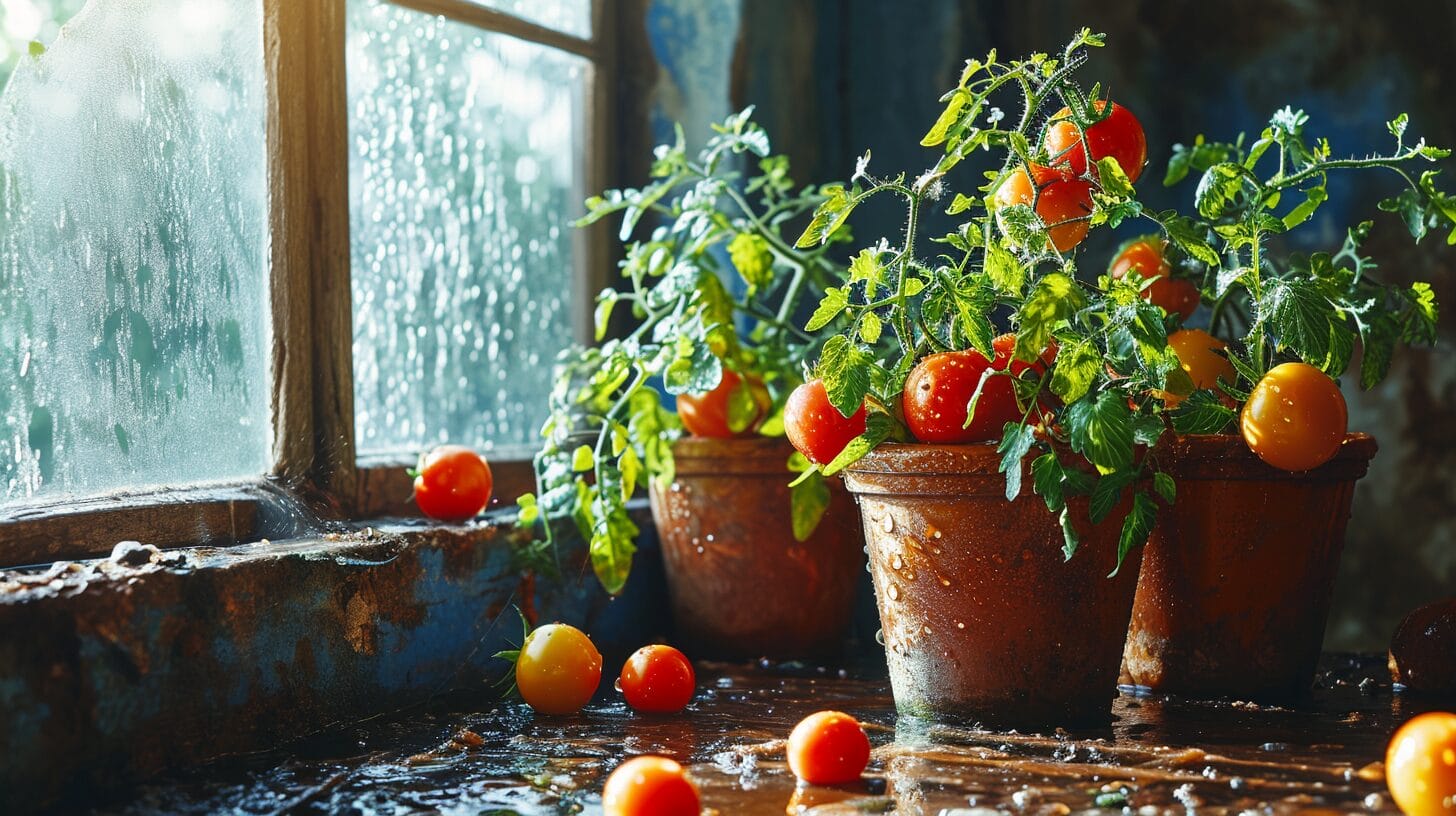 Wilted tomato plants in waterlogged pots in sunny garden