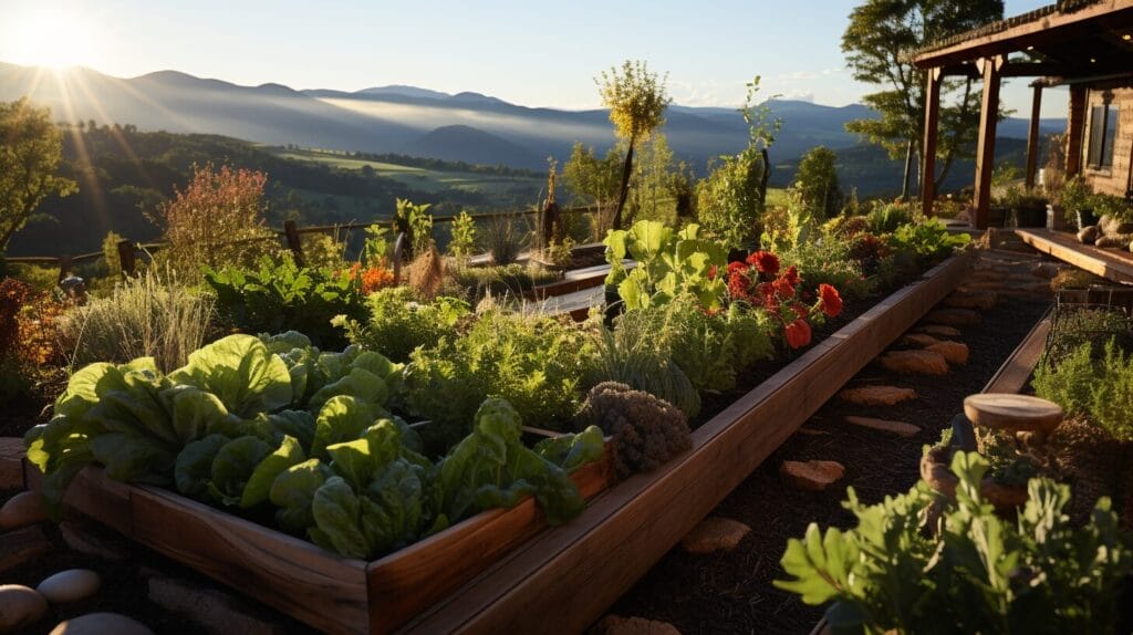 Wooden raised beds with diverse vegetables on terraced hillside, erosion control.