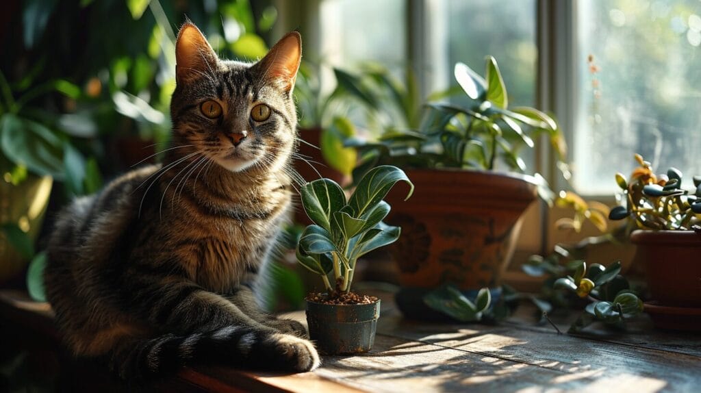 ZZ plant beside cat with barrier symbol in serene indoor setting.