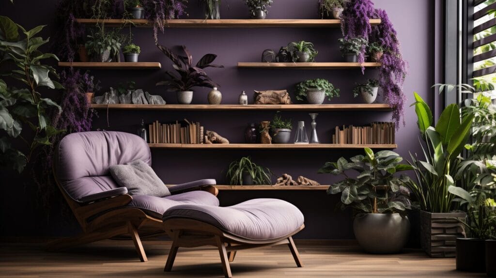 Modern indoor setting with purple-leafed plants and green houseplants.