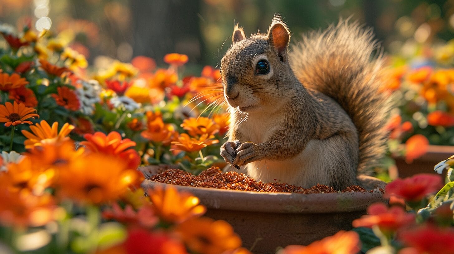 Squirrel digging in flower pot with scattered soil and petals.