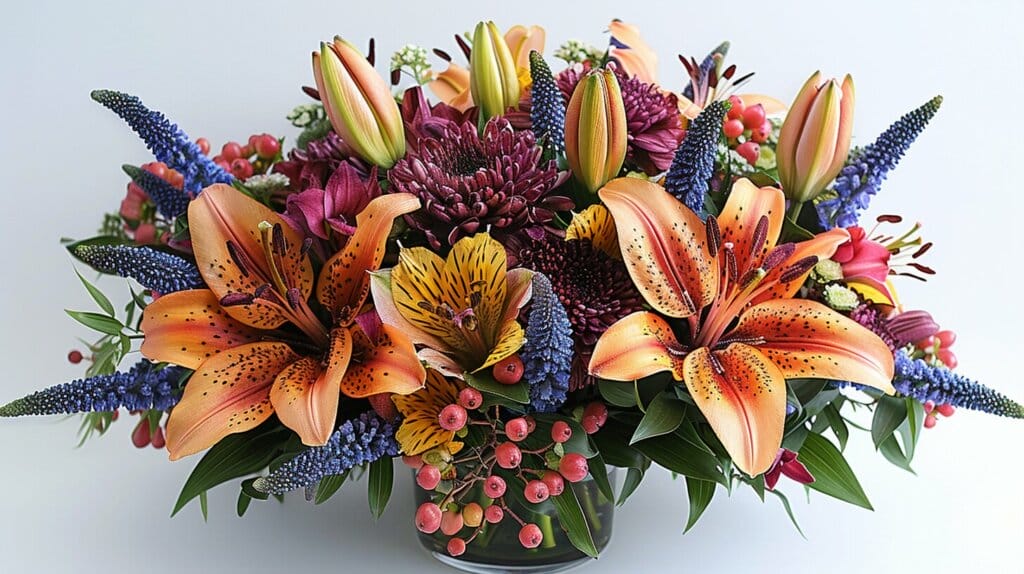 A bouquet featuring vibrant Tiger Lilies and Blue Lilies.