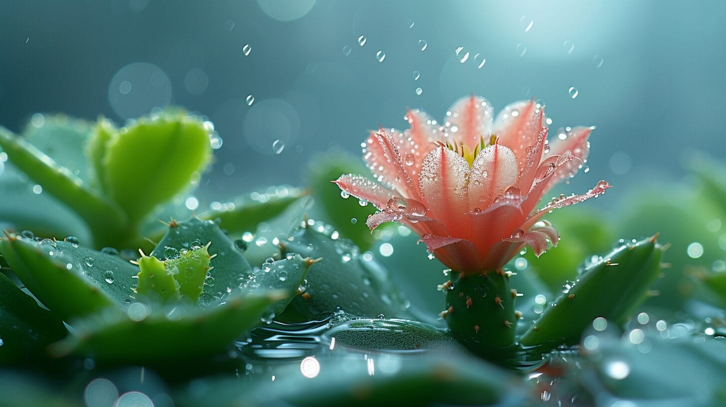 A close-up of a Christmas cactus cutting in water, with visible roots and tiny bubbles.