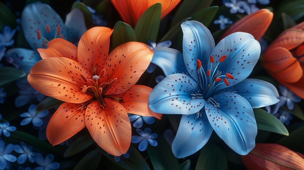 A colorful bouquet of blooming Tiger Lily and Blue Lily flowers.