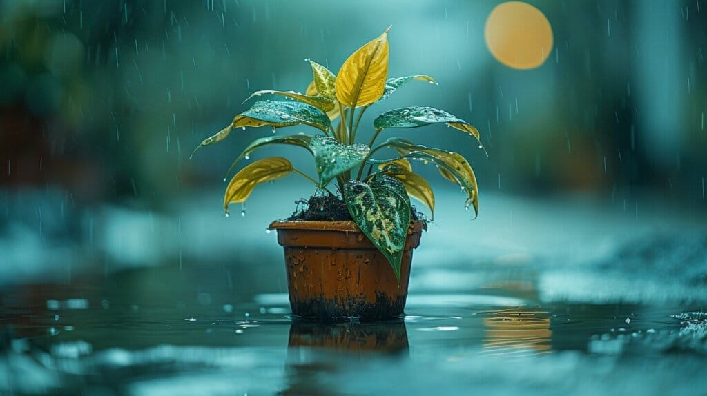 A droopy, yellowing ZZ plant with waterlogged soil and wilting leaves in a pot surrounded by water.