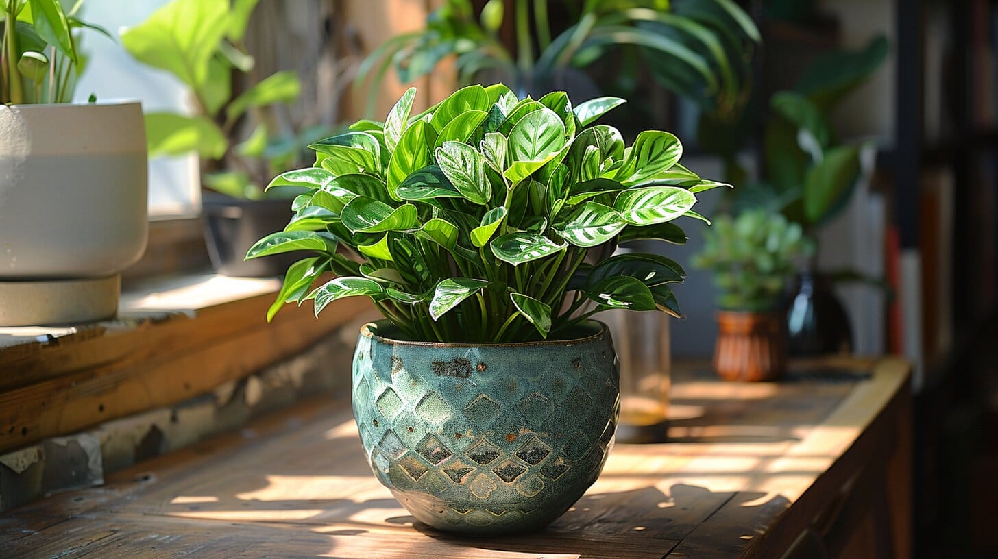 A thriving ZZ plant in a sunny room with well-draining soil and a decorative pot.