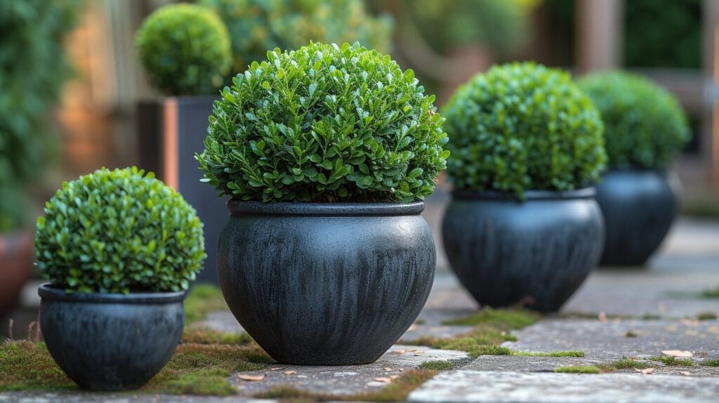 A thriving boxwood plant in a container with rich, well-draining soil and spreading roots.