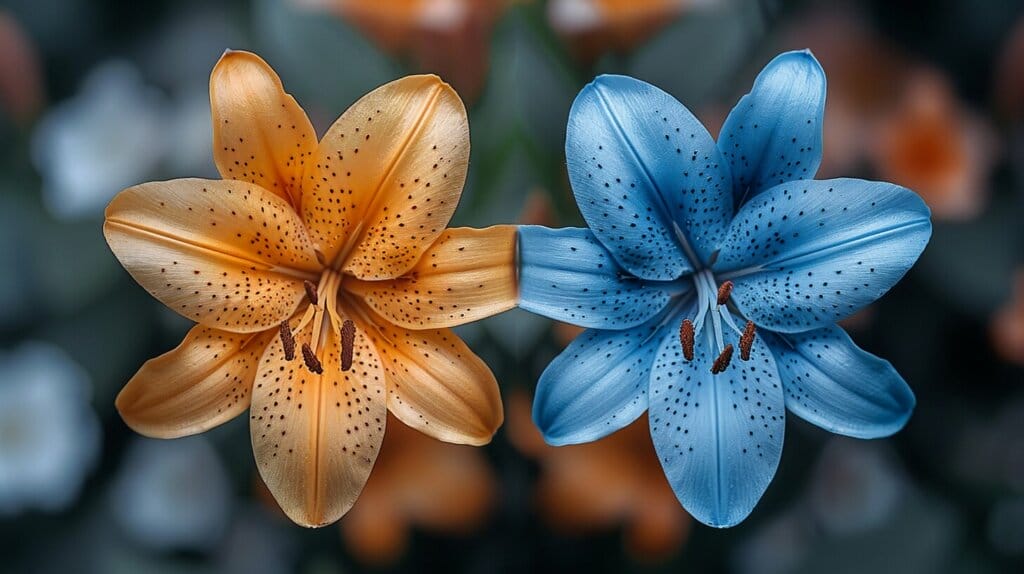 A vibrant Tiger Lily and a delicate Blue Lily displayed side by side.