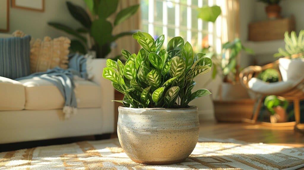 A vibrant ZZ plant in a bright room with indirect sunlight, well-draining soil, and occasional watering.  zz plant growth rate
