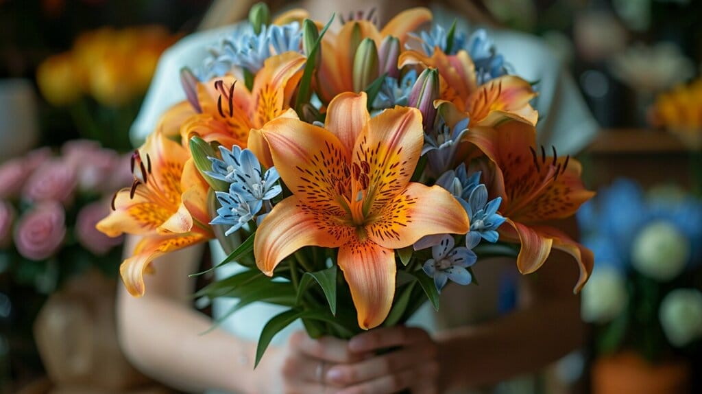 A vibrant bouquet of Tiger Lily and Blue Lily flowers being packaged for shipping with seller logos and a five-star review.