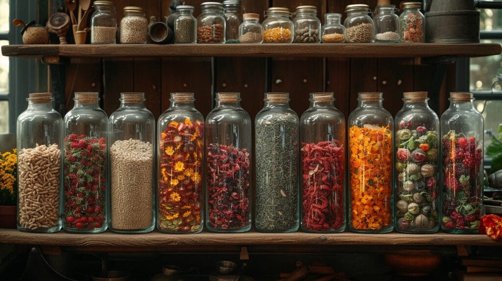 Airtight jars of heirloom seeds on a wooden shelf in a cool pantry, surrounded by vintage tools. How long do heirloom seeds last?