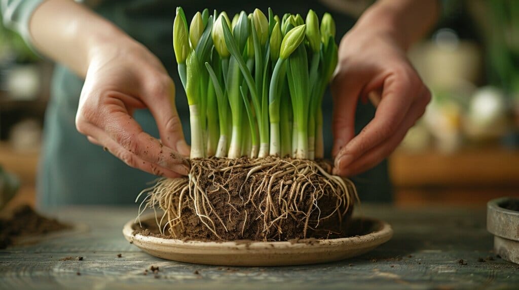 Amaryllis bulb with healthy roots and care tools.