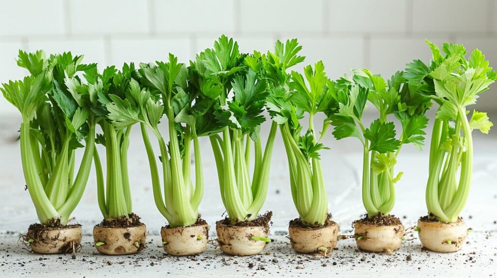 Different celery types including green, red, celeriac, and leaf celery.
