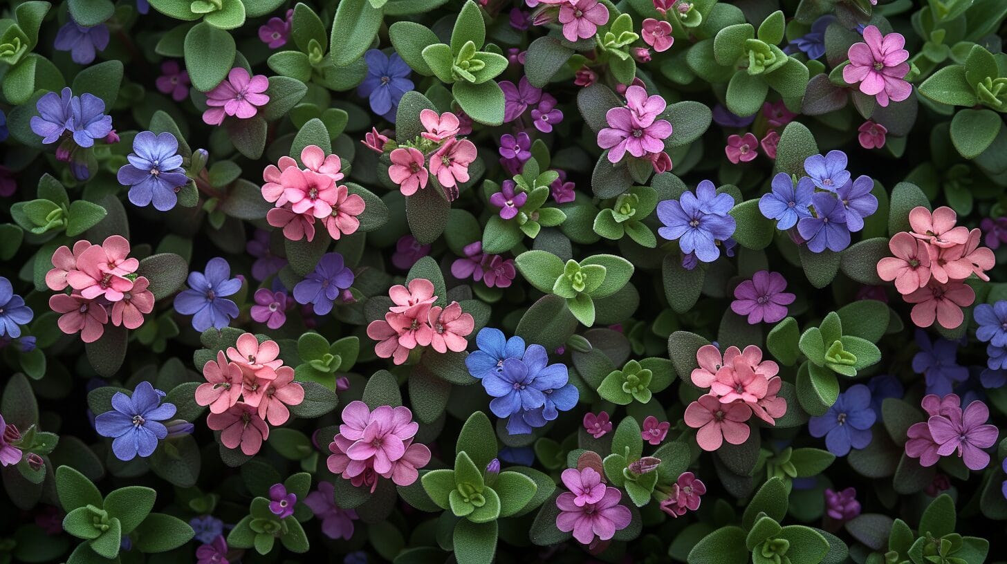 Close-up of fresh thyme's vibrant purple, pink, and white blossoms among green leaves.