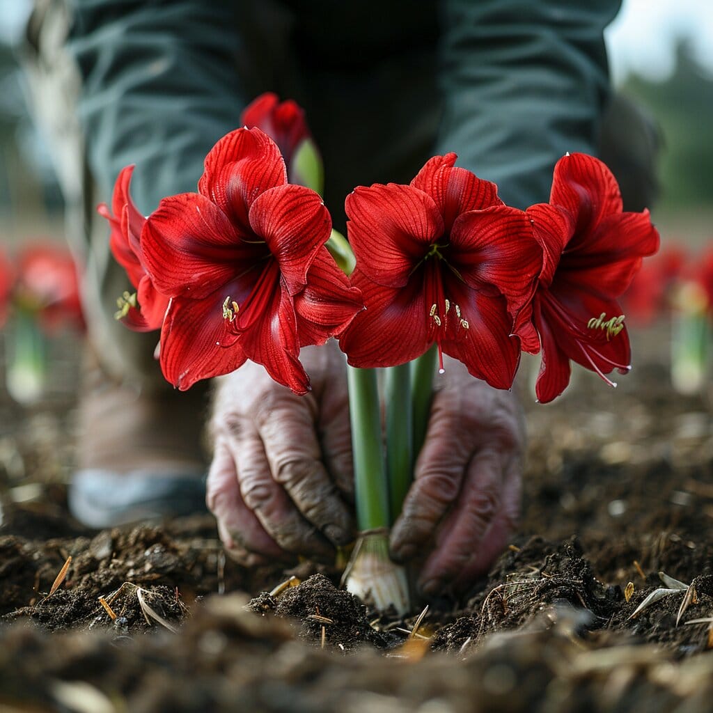 Close-up of hands planting amaryllis bulbs in outdoor garden. when to plant amaryllis bulbs outside