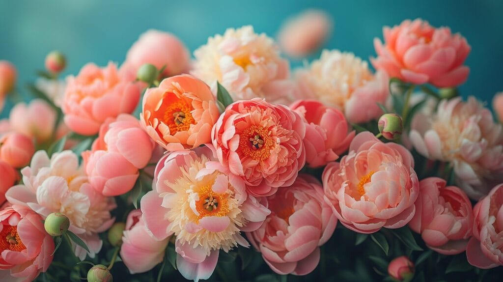 Close-up view of a bouquet of pink peonies in shades of blush, rose, and coral.
