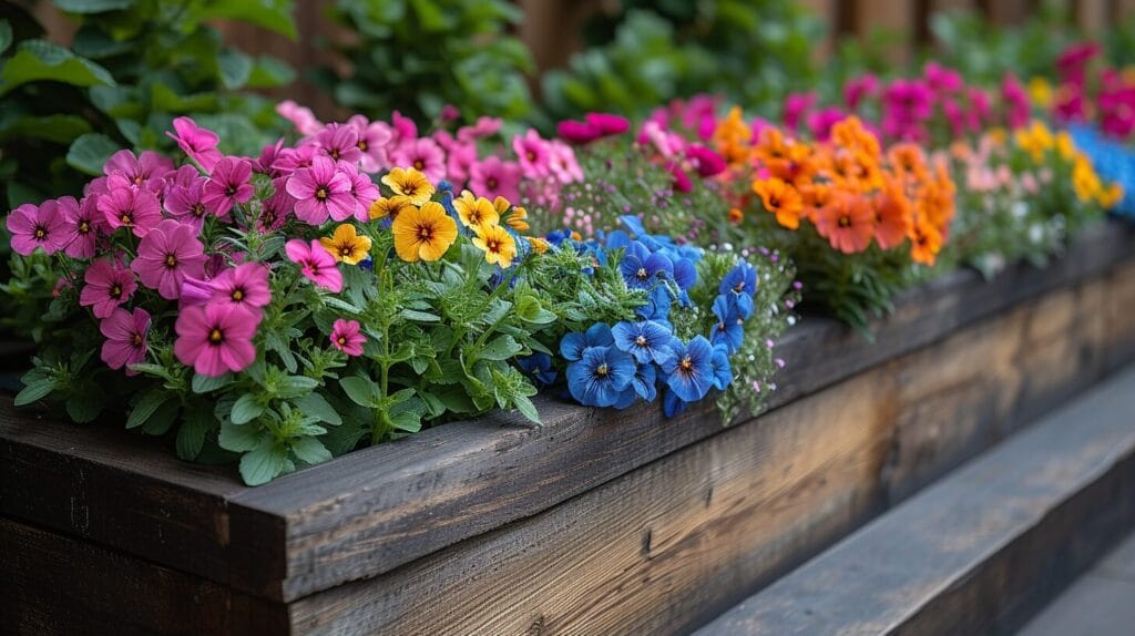 Colorful raised bed garden with diverse blooms and a blue sky backdrop.
