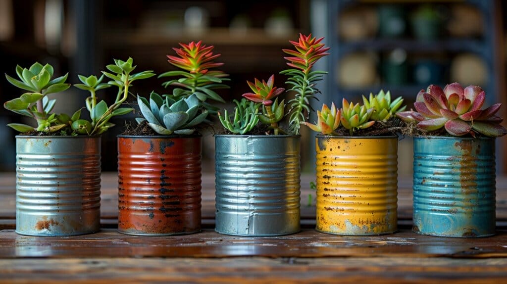Cozy indoor space featuring a variety of zebra plants in creatively upcycled tin can planters.