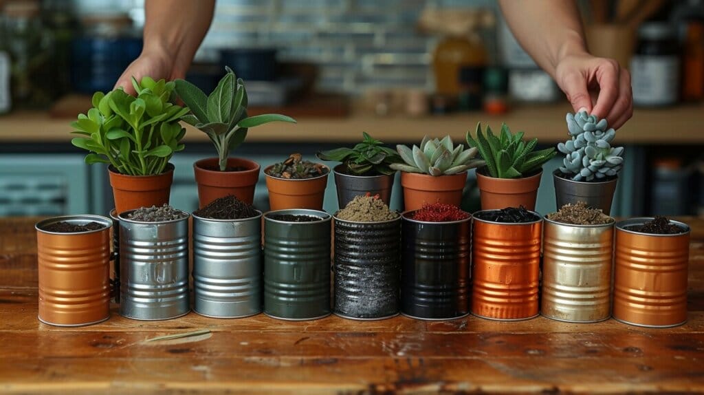 Demonstration image of the process of making DIY planters from tin cans.