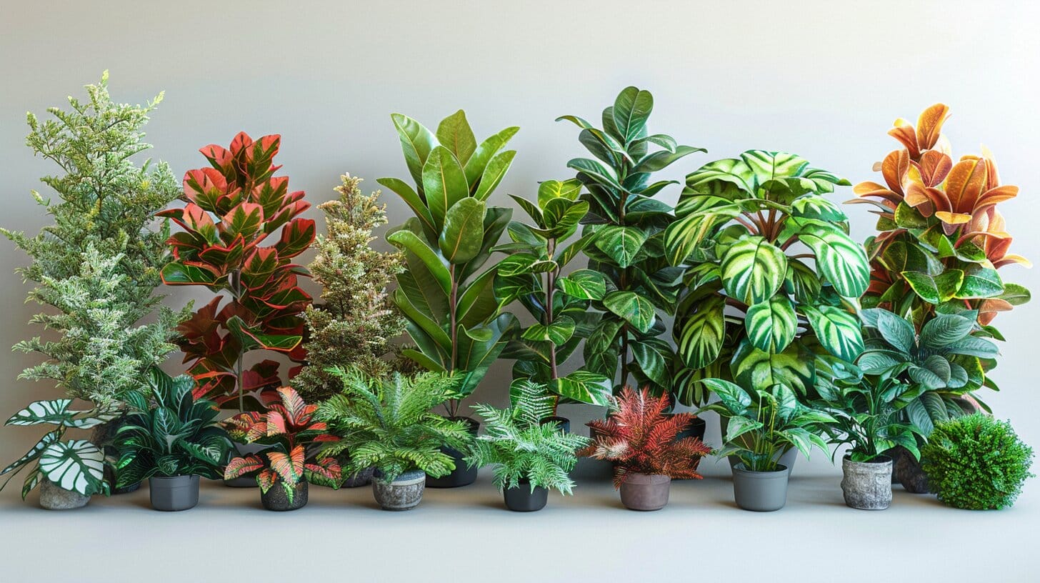 Diverse collection of indoor ficus plants with unique foliage.