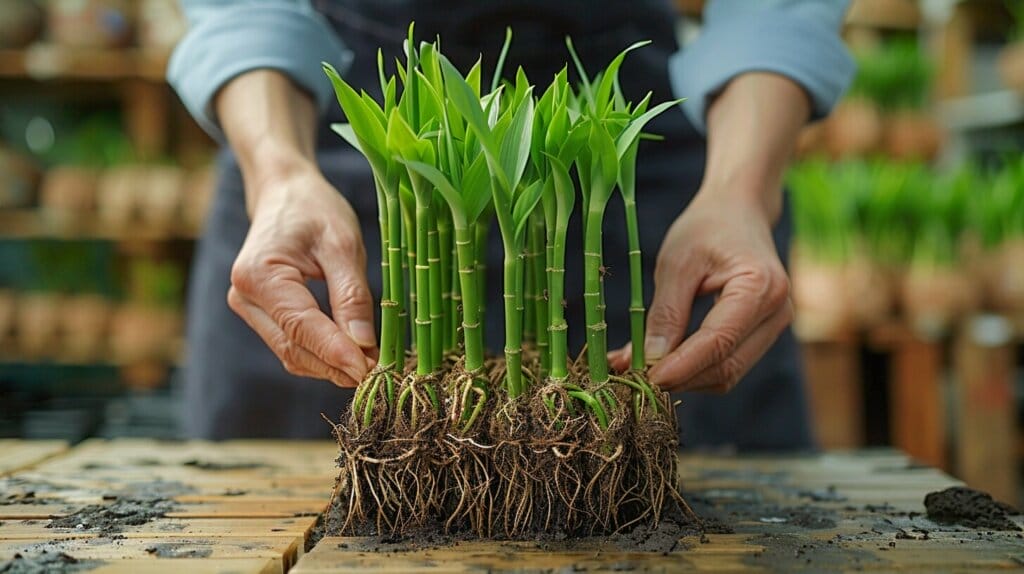 Expert repotting and pruning roots of lucky bamboo.