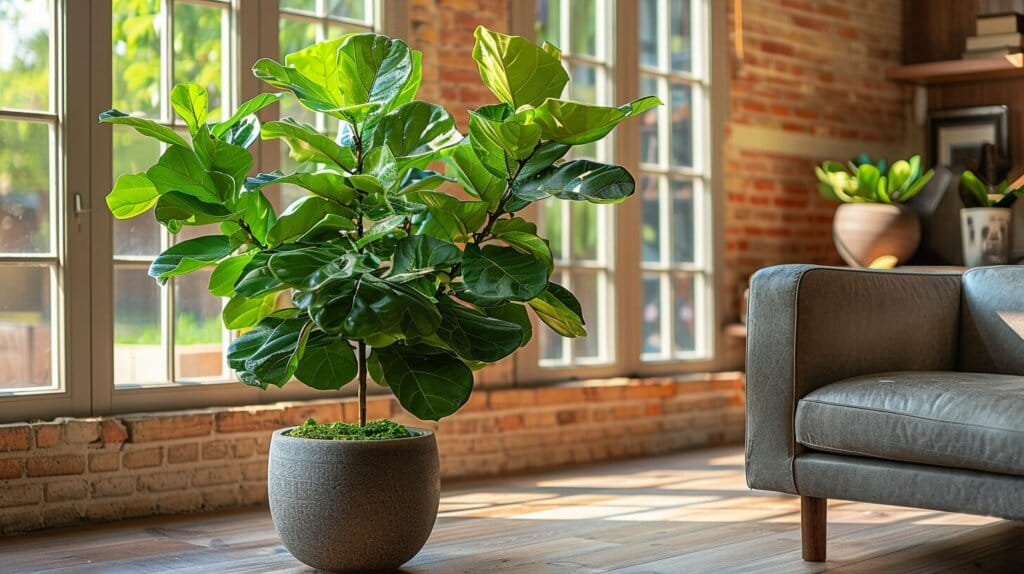 Fiddle Leaf Fig tree in a modern living room.
  types of ficus plants indoor