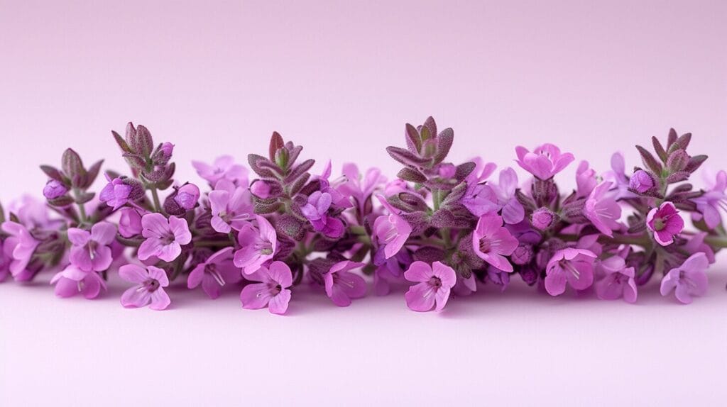 Fresh thyme in full bloom, featuring vibrant purple flowers, delicate petals, and intricately shaped buds.