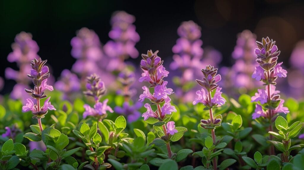 Fresh thyme's purple flowers set against green foliage, symbolizing the herb's blooming potential.
