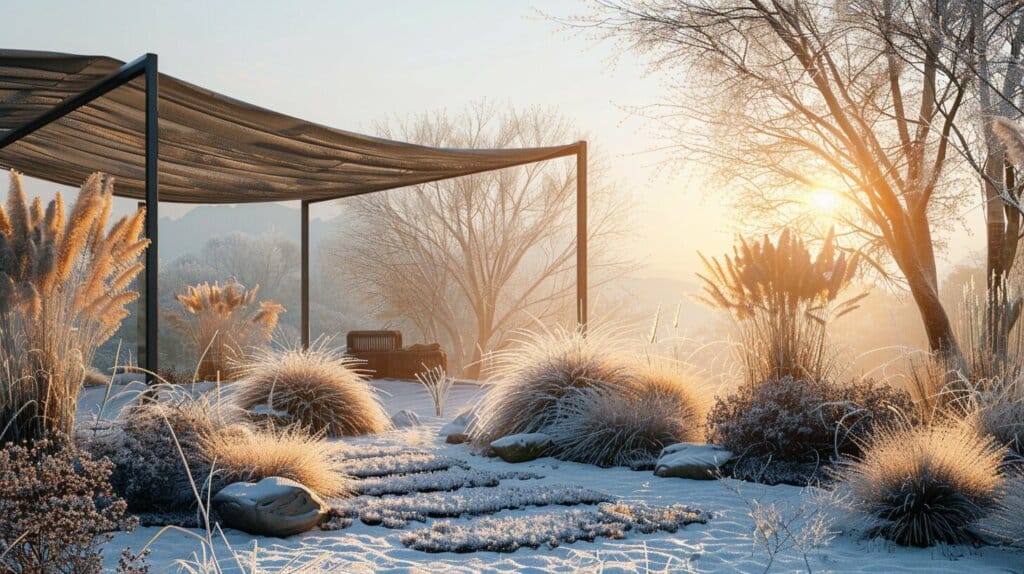 Frost cloth covering plants in a tranquil early morning garden.