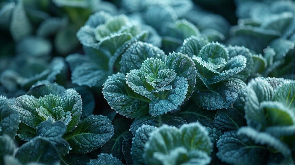 Frosty garden with kale, carrots, and Brussels sprouts.