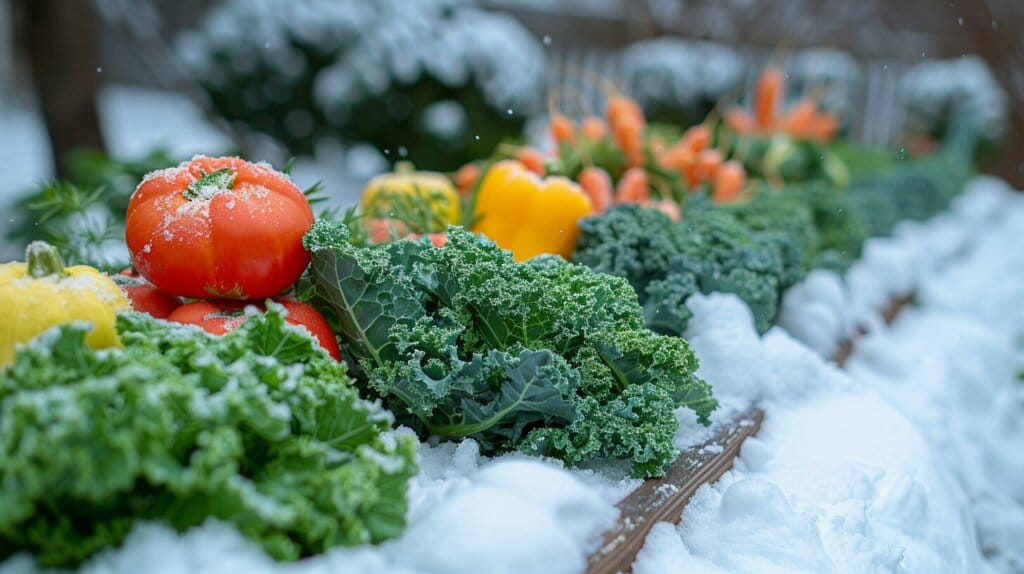 Frosty garden with vegetables of varying cold tolerance. Vegetable cold tolerance chart
