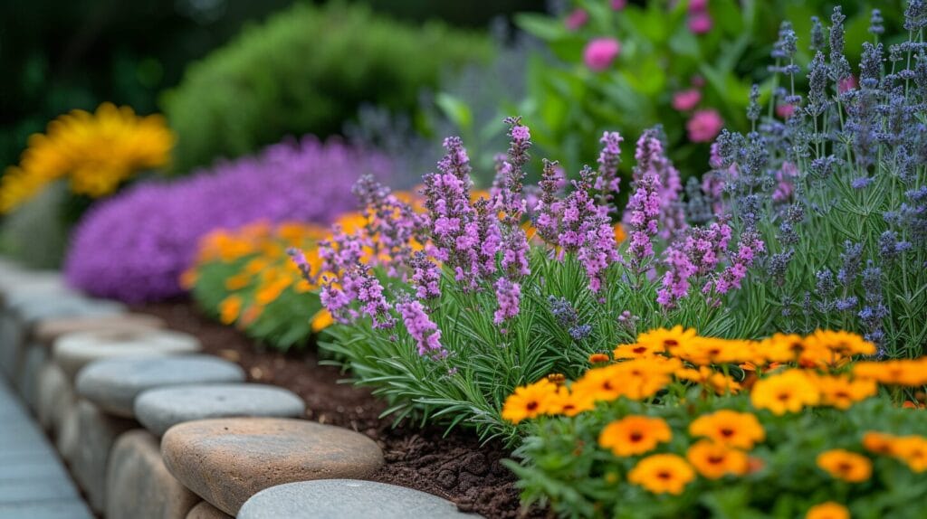 Garden bed with rosemary surrounded by lavender, marigolds, and thyme