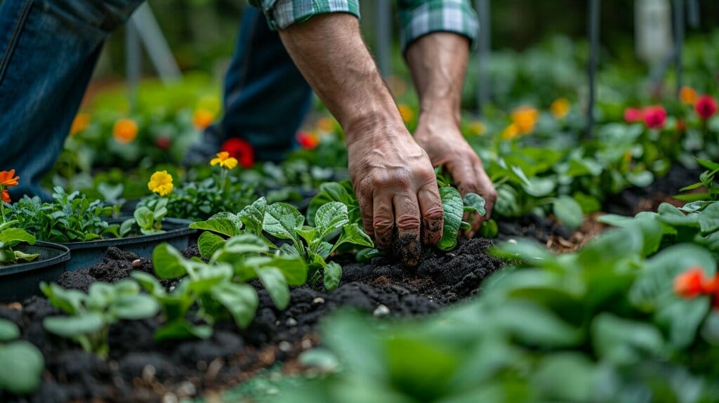 Gardener mixing compost into soil with thriving plants