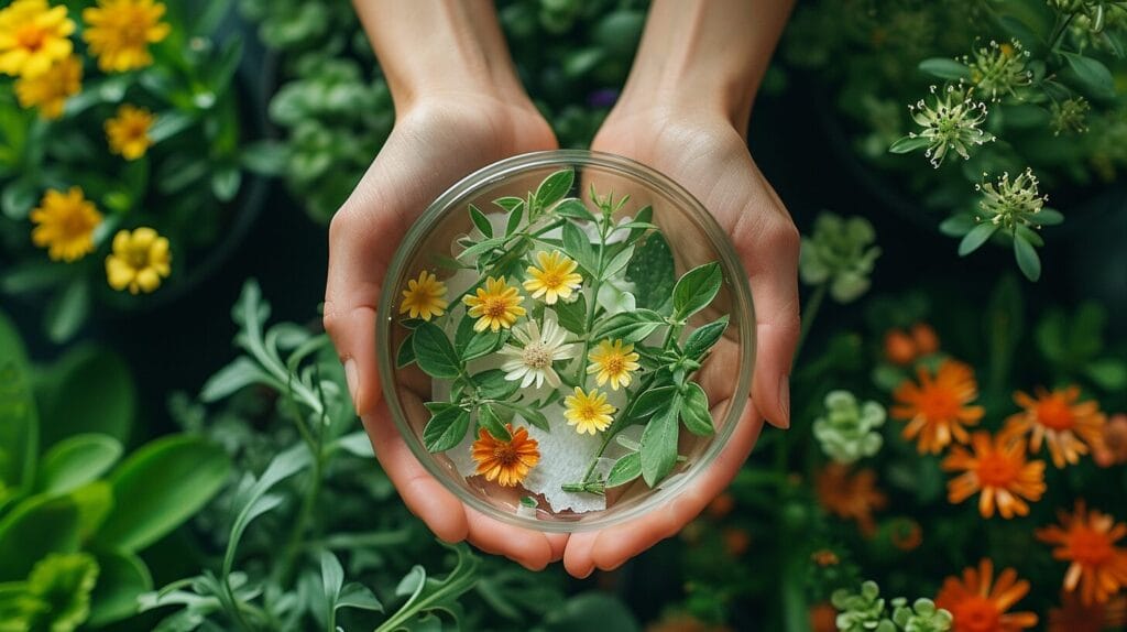 Gardener placing heirloom seeds on a damp paper towel in a petri dish, surrounded by flourishing plants.