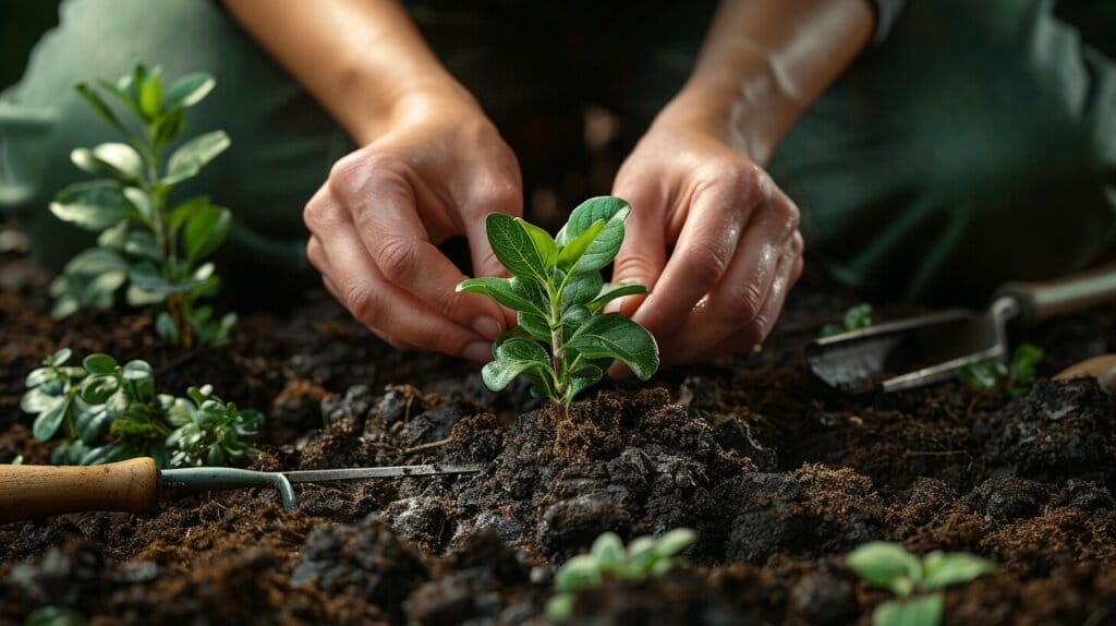 Gardener planting Manuka sapling in sunny soil