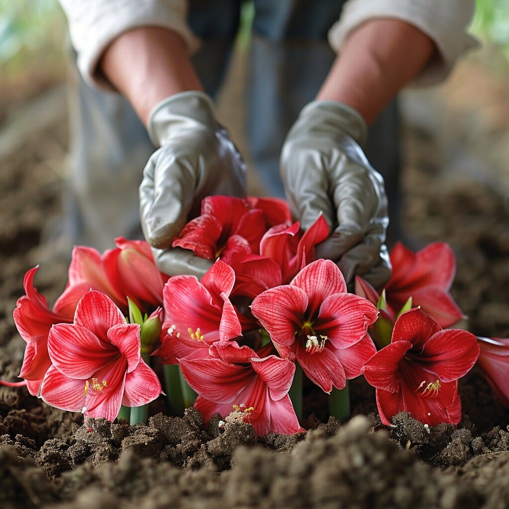 Gardener planting amaryllis bulbs in spring garden.