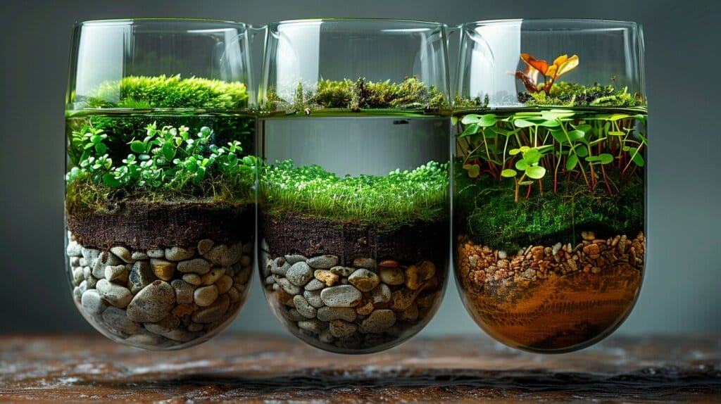 Glass terrarium assembly with moss and pebbles.
