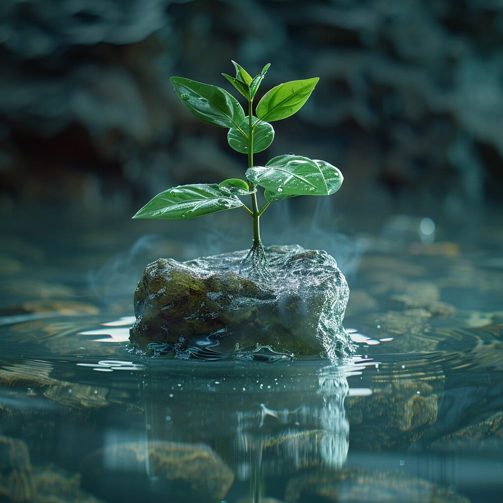 Green plant with roots in clear water.