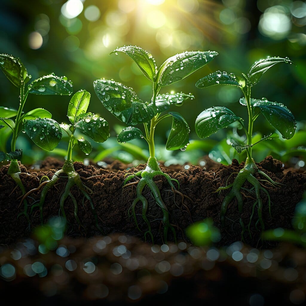 Green plant with roots in soil, water droplets, sunlight.
